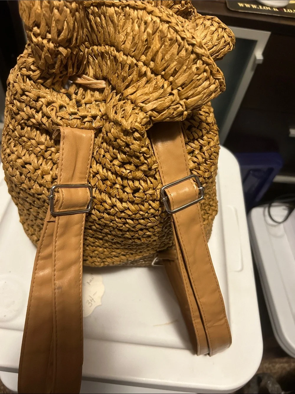 Woven Drawstring Bucket backpack Bag in Tan